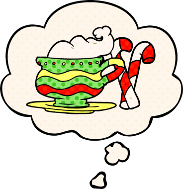 Çizgi roman tarzında bir insan tarafından çizilmiş düşünce balonlu noel kakaosu.