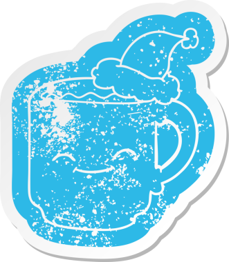 Bir insan tarafından çizilmiş Noel Baba şapkası takan bir kahve fincanının garip bir karikatürü.