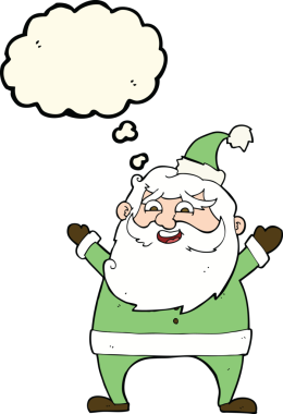 Düşünce baloncuğu çizilmiş neşeli Noel Baba çizgi filmi