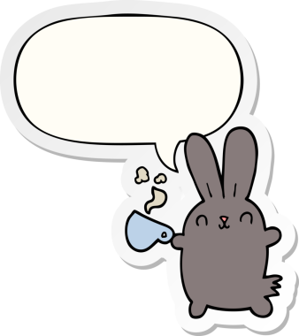 Bir insan tarafından çizilmiş konuşma kabarcığı yapıştırmalı kahve fincanı olan sevimli çizgi film tavşanı.