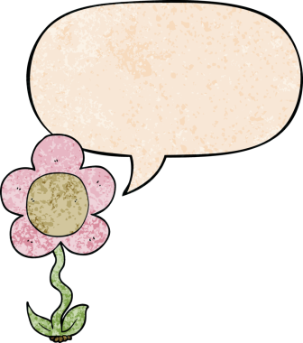 Konuşma baloncuğu olan karikatür çiçeği insan tarafından çizilmiş eski moda dokular.