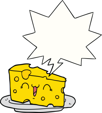 Bir insan tarafından çizilmiş konuşma baloncuklu şirin çizgi film peyniri.