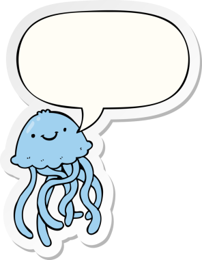 Bir insan tarafından çizilmiş konuşma balonu çıkartmalı mutlu denizanası çizgi filmi.