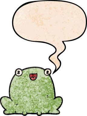 Bir insan tarafından çizilmiş eski moda konuşma baloncuğu olan sevimli çizgi film kurbağası.