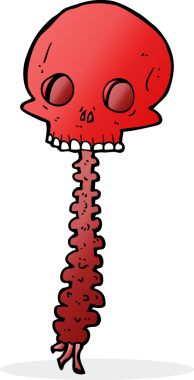 Bir insan tarafından çizilmiş ürkütücü bir kafatası ve omurga.