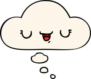 Bir insan tarafından çizilmiş, düşünce baloncuklu mutlu çizgi film ifadesi.