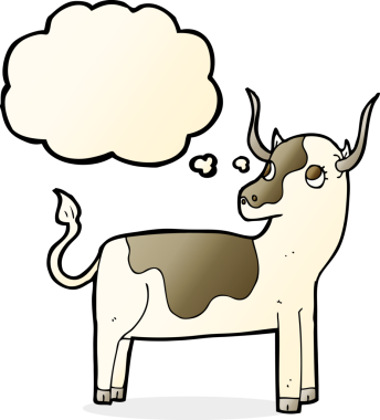 Bir insan tarafından çizilmiş düşünce balonlu çizgi film ineği.