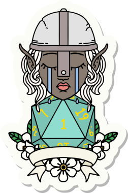 Ağlayan bir elf savaşçı karakterinin çıkartması. Doğal bir insan tarafından çizilmiş bir D20 rulo.