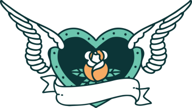 Bir insan tarafından çizilmiş çiçek ve bayrak ile uçan bir kalbin ikonik dövme görüntüsü