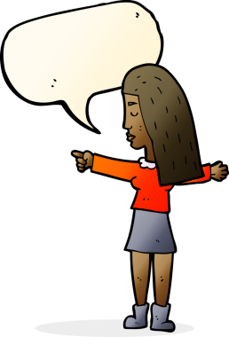 Bir insan tarafından çizilmiş bir konuşma balonuyla işaret eden çizgi film kadını.