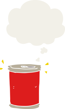 Düşünce baloncuğu olan karikatür soda kutusu insan tarafından çizilmiş.