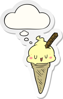 Düşünce baloncuklu tatlı çizgi film dondurması bir insan tarafından çizilmiş çıkartma gibi.