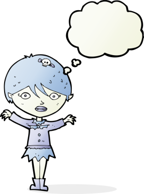 Bir insan tarafından çizilmiş düşünce balonlu vampir kız çizgi filmi.