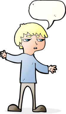 Bir insan tarafından çizilmiş konuşma baloncuğuyla sinirlenmiş bir çocuk.