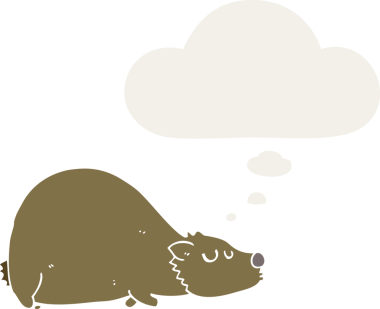 Düşünce baloncuğu olan çizgi film ayısı insan tarafından çizilmiş.