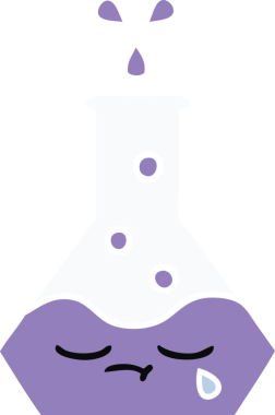 Bir insan tarafından çizilmiş bir bilim şişesinin düz renkli retro karikatürü