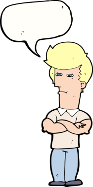 Bir insan tarafından çizilmiş, kolları katlanmış, konuşma balonu olan çizgi film adamı.