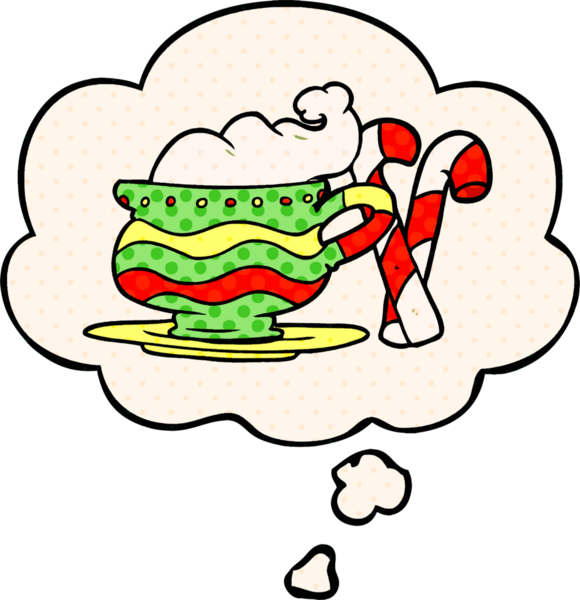 Çizgi roman tarzında bir insan tarafından çizilmiş düşünce balonlu noel kakaosu.