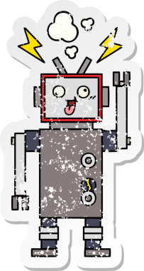 Bir insan tarafından çizilmiş çatlak bir robot çizgi filmin sıkıntılı çıkartması.