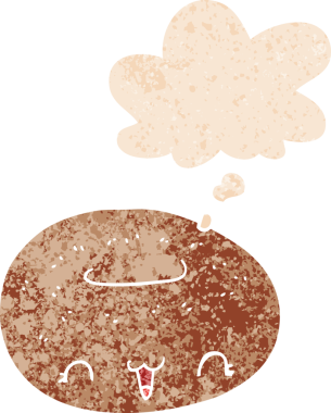 Düşünce baloncuklu tatlı çizgi film donutu grunge sıkıntılı retro desenli bir insan tarafından çizilmiş