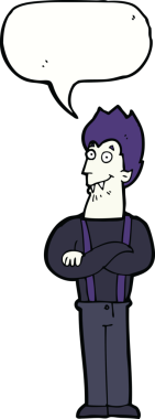 Bir insan tarafından çizilmiş konuşma balonlu mutlu vampir çizgi filmi.