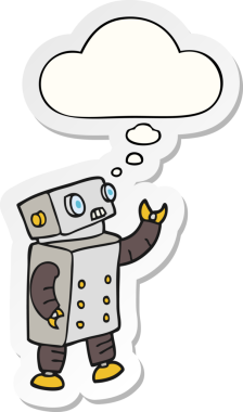 Düşünce baloncuğu insan tarafından çizilmiş bir çıkartma olan çizgi film robotu.