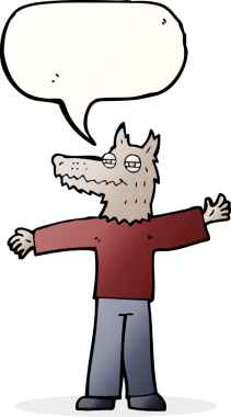 Bir insan tarafından çizilmiş konuşma balonlu mutlu kurt adam.