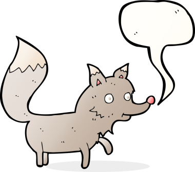 Bir insan tarafından çizilmiş konuşma balonlu bir kurt yavrusu.