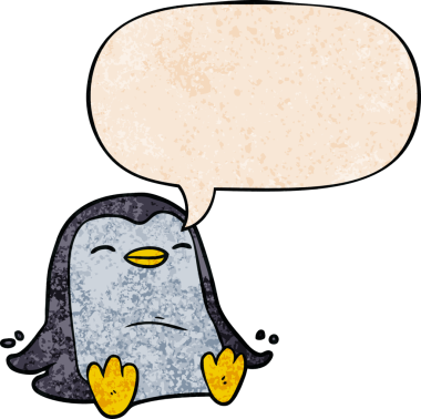 Konuşma baloncuğu olan karikatür pengueni insan tarafından çizilmiş.
