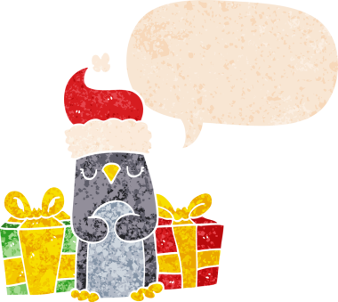 Hoş bir noel pengueni grunge 'da konuşma baloncuğu olan kederli eski moda bir insan tarafından çizilmiş.