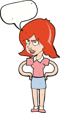 Bir insan tarafından çizilmiş konuşma baloncuğu olan ellerinin kalçasında sinir bozucu bir kadın.