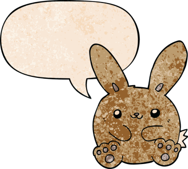 Konuşma baloncuklu çizgi film tavşanı insan tarafından çizilmiş.