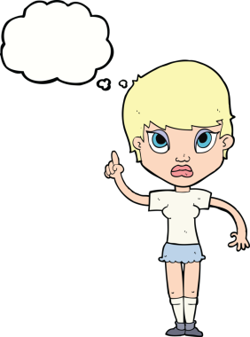 Bir insan tarafından çizilmiş düşünce baloncuğu fikri olan çizgi film kızı.