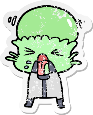 Bir insan tarafından çizilmiş garip bir uzaylı çizgi filminin sıkıntılı çıkartması.