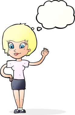 Bir insan tarafından çizilmiş düşünce baloncuğuyla el sallayan çizgi film kadını.