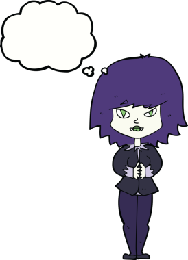 Bir insan tarafından çizilmiş düşünce balonlu vampir kadın çizgi filmi.