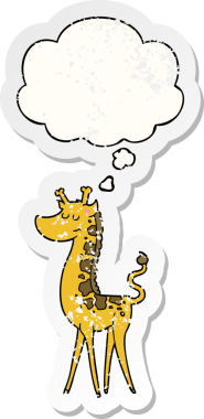 Düşünce baloncuğu olan çizgi film zürafası insan tarafından çizilmiş yıpranmış bir çıkartma.