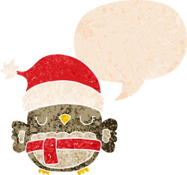 Bir insan tarafından çizilmiş grunge sıkıntılı retro stili konuşma baloncuğu ile sevimli noel baykuşu