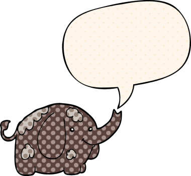 Bir insan tarafından çizilmiş çizgi roman tarzında konuşma balonu olan çizgi film fili.