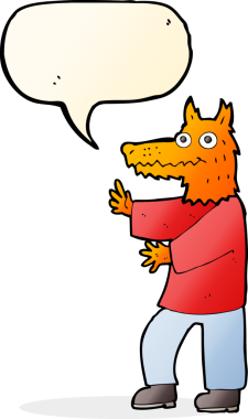 Bir insan tarafından çizilmiş konuşma balonlu komik tilki adam