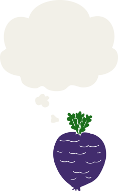 Düşünce baloncuğu olan karikatür kökü sebzesi insan tarafından çizilmiş.