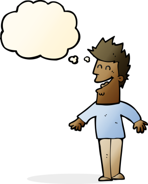 Bir insan tarafından çizilmiş düşünce balonlu mutlu adam çizgi filmi.