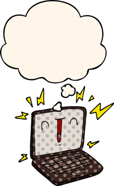 Bir insan tarafından çizilmiş, düşünce baloncuklu çizgi film dizüstü bilgisayarı.