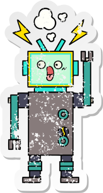 Bir insan tarafından çizilmiş sevimli bir robot çizgi film çıkartması.