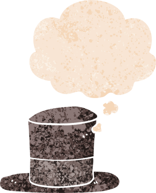 Düşünce baloncuklu çizgi film silindir şapkası bir insan tarafından çizilmiş grunge sıkıntılı retro desen tarzı