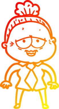 Bir insan tarafından çizilmiş mutlu, yaşlı bir kadının sıcak çizgi çizimi.