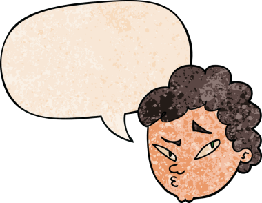 bir insan tarafından çizilmiş eski moda konuşma baloncuklu şüpheli bir çizgi film karakteri.