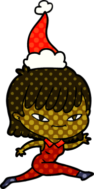 Bir insan tarafından çizilmiş Noel Baba şapkası giyen bir kadının el çizimi çizgi roman tarzı çizimi.