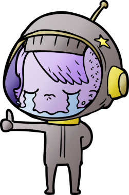 Çizgi film ağlayan astronot kız bir insan tarafından çizilmiş baş parmak işareti yapıyor.