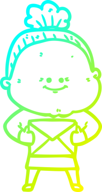 Bir insan tarafından çizilmiş, mutlu, yaşlı bir kadının çizimi.